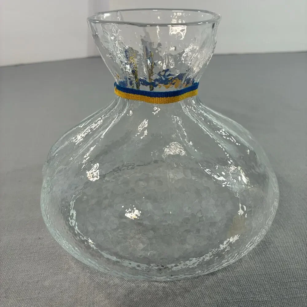 Vintage Clear Textured Art Glass Vase Pinched Rim Blue Gold Cord 6 Inch Decor